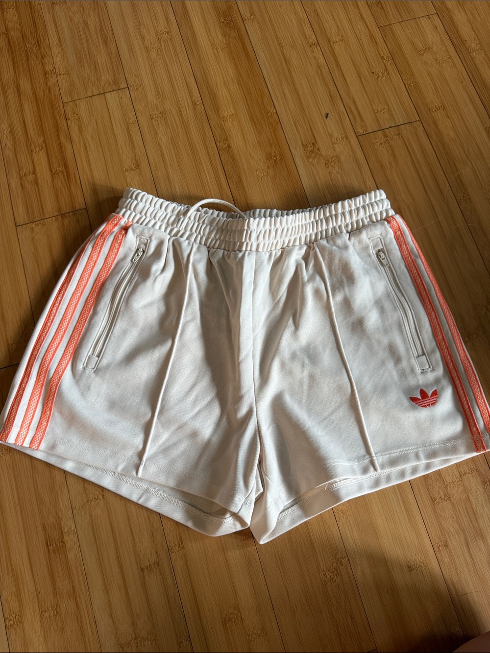 adidas White Athletic Shorts with Coral Accent Stripes